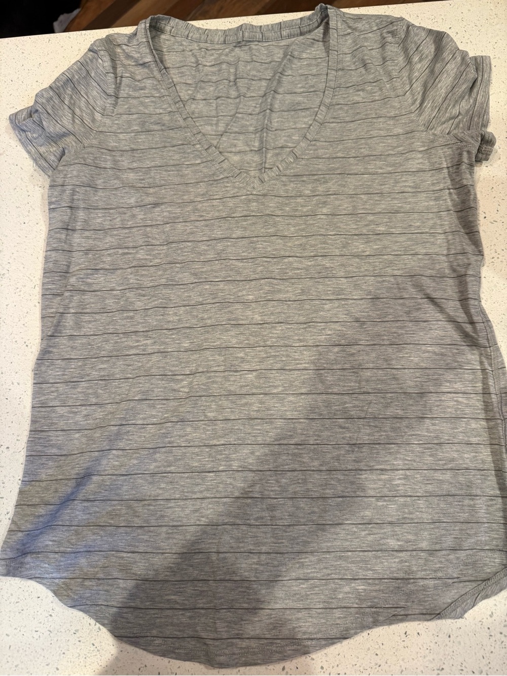 lululemon athletica Gray Striped V-Neck Short Sleeve Top